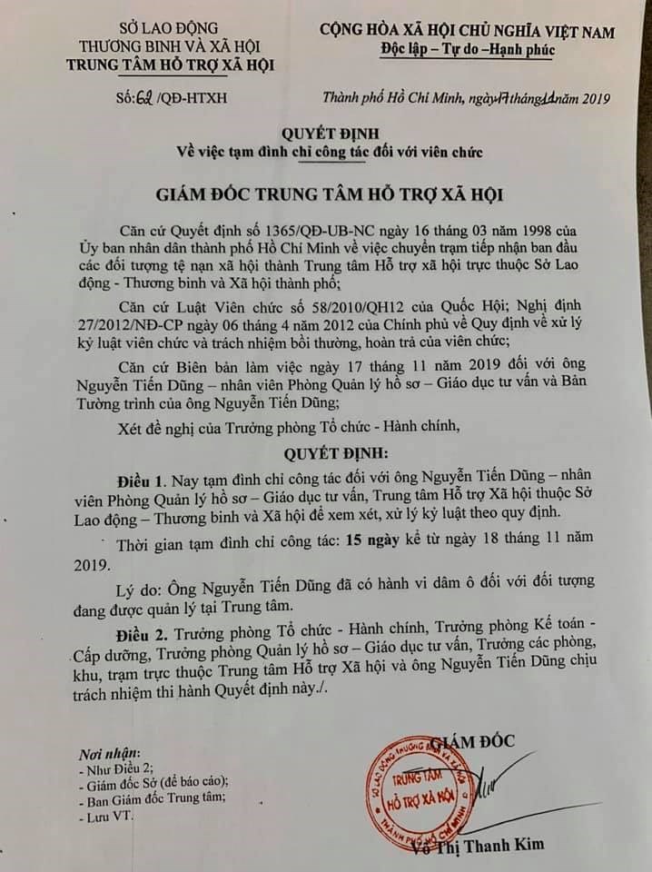 Tạm đ&#236;nh chỉ c&#244;ng t&#225;c nh&#226;n vi&#234;n Trung t&#226;m hỗ trợ x&#227; hội c&#243; h&#224;nh vi d&#226;m &#244; đối tượng đang được quản l&#253; tại Trung t&#226;m  - Ảnh 1