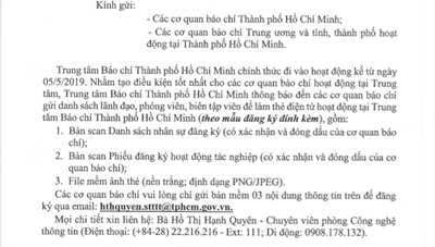 Đăng ký thẻ điện tử tại Trung tâm Báo chí TP. Hồ Chí Minh (đợt 2)