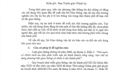 Báo cáo các nội dung liên quan đến chủ trương nghiên cứu dự án thu phí ô tô lưu thông vào trung tâm Thành phố để hạn chế ùn tắc giao thông