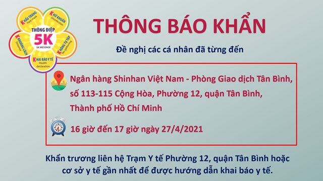 Thông báo khẩn: Tìm người từng đến Ngân hàng Shinhan Việt Nam PDG Tân Bình