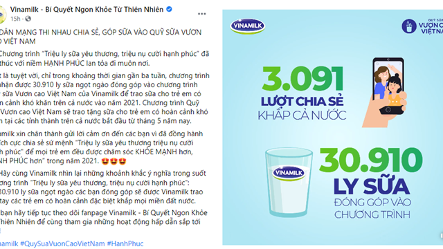 Qũy sữa Vươn cao Việt Nam khởi động năm 2021 với “31.000 ly sữa yêu thương” từ cộng đồng