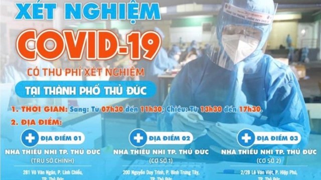 TP Thủ Đức tổ chức thêm 3 điểm xét nghiệm COVID-19 có thu phí