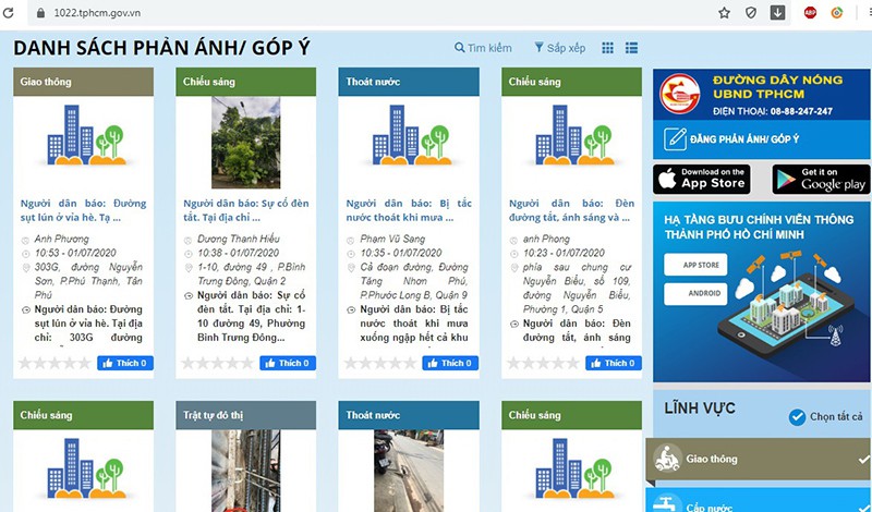 Toàn bộ phản ánh của người dân và kết quả xử lý đều được cập nhật trên cổng thông tin điện tử (https://1022.tphcm.gov.vn). Ảnh: LÊ THOA