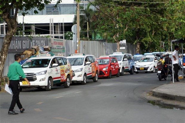 Thời gian qua do thiếu b&atilde;i đậu, nhiều xe taxi phải đậu c&aacute;c tuyến đường b&ecirc;n ngo&agrave;i s&acirc;n bay T&acirc;n Sơn Nhất để chờ v&agrave;o đ&oacute;n kh&aacute;ch. (Ảnh: Tiến Lực/TTXVN)