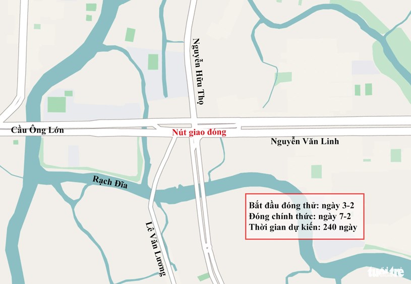 Vị tr&iacute; giao lộ Nguyễn Văn Linh - Nguyễn Hữu Thọ v&agrave; th&ocirc;ng tin li&ecirc;n quan đến việc đ&oacute;ng giao lộ n&agrave;y trong thời gian sắp tới - Đồ họa: CH&Acirc;U TUẤN &nbsp;