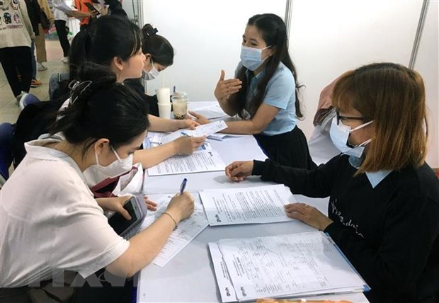 Sinh viên trường Đại học Công nghệ Thành phố Hồ Chí Minh tìm việc làm tại sàn giao dịch của các doanh nghiệp. (Ảnh: Thanh Vũ/TTXVN)