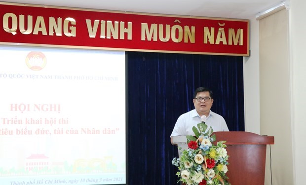 &Ocirc;ng Ng&ocirc; Thanh Sơn, Ph&oacute; Chủ tịch Ủy ban Mặt trận Tổ quốc Việt Nam Th&agrave;nh phố Hồ Ch&iacute; Minh ph&aacute;t biểu triển khai Hội nghị. (Ảnh: Xu&acirc;n Khu/TTXVN)