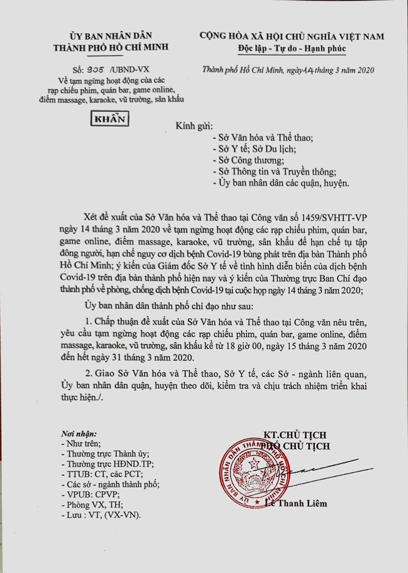 C&ocirc;ng văn khẩn của UBND TP. Hồ Ch&iacute; Minh.
