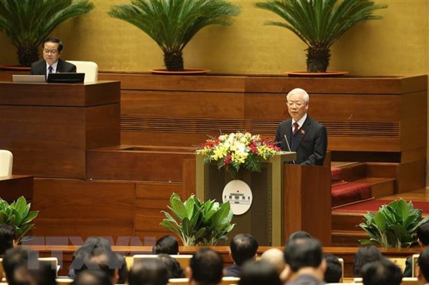 Tổng B&iacute; thư, Chủ tịch nước Nguyễn Ph&uacute; Trọng tr&igrave;nh b&agrave;y B&aacute;o c&aacute;o tổng kết c&ocirc;ng t&aacute;c nhiệm kỳ 2016-2021 của Chủ tịch nước. (Ảnh: Dương Giang/TTXVN)