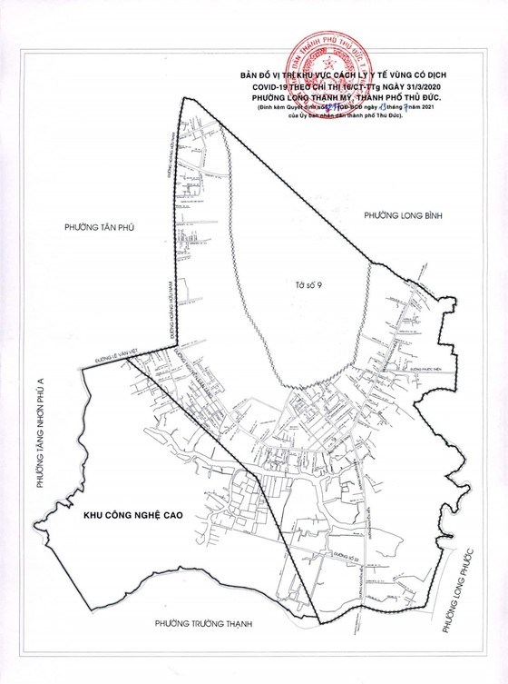 Bản đồ vị tr&iacute; khu vực c&aacute;ch ly y tế tại phường Long Thạnh Mỹ