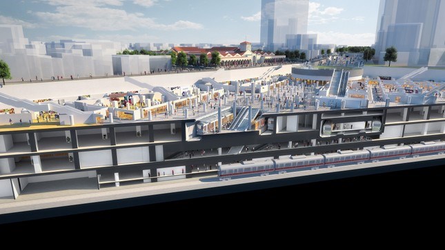 Nh&agrave; ga trung t&acirc;m Bến Th&agrave;nh tuyến metro số 1 được thiết kế 4 tầng ngầm với chiều s&acirc;u khoảng 30 m, rộng 45 m v&agrave; d&agrave;i 235 m. Ảnh phối cảnh: Ban Quản l&yacute; Đường sắt đ&ocirc; thị TPHCM (MAUR)