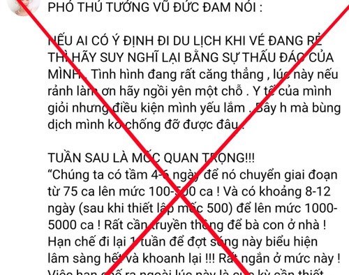 Th&ocirc;ng tin giả mạo ph&aacute;t ng&ocirc;n của Ph&oacute; Thủ tướng Vũ Đức Đam về dịch COVID-19.