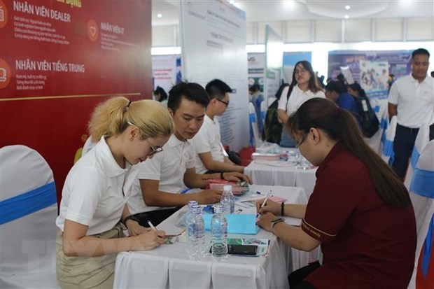 Sinh vi&ecirc;n, học sinh v&agrave; người lao động tham gia chương tr&igrave;nh 'Tiếp sức người lao động v&agrave; s&agrave;n giao dịch việc l&agrave;m.' (Ảnh: Thanh Vũ/TTXVN)