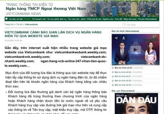 Cảnh b&aacute;o của Vietcombank về c&aacute;c website giả mạo. (Nguồn: Vietnam+)