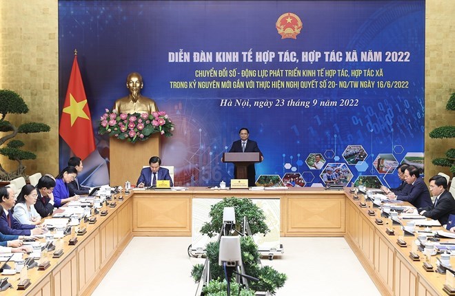 Thủ tướng Phạm Minh Chính phát biểu khai mạc Diễn đàn Kinh tế hợp tác, hợp tác xã năm 2022. (Ảnh: Dương Giang/TTXVN)