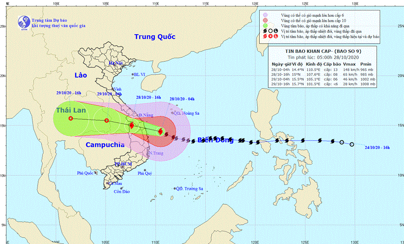 Vị tr&iacute; v&agrave; đường đi của cơn b&atilde;o hiện nay. Ảnh: TTDBKTTV