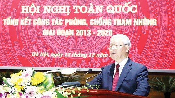 Tổng B&iacute; thư, Chủ tịch nước Nguyễn Ph&uacute; Trọng, Trưởng Ban Chỉ đạo Trung ương về ph&ograve;ng, chống tham nhũng, ph&aacute;t biểu kết luận hội nghị. Ảnh: TTXVN