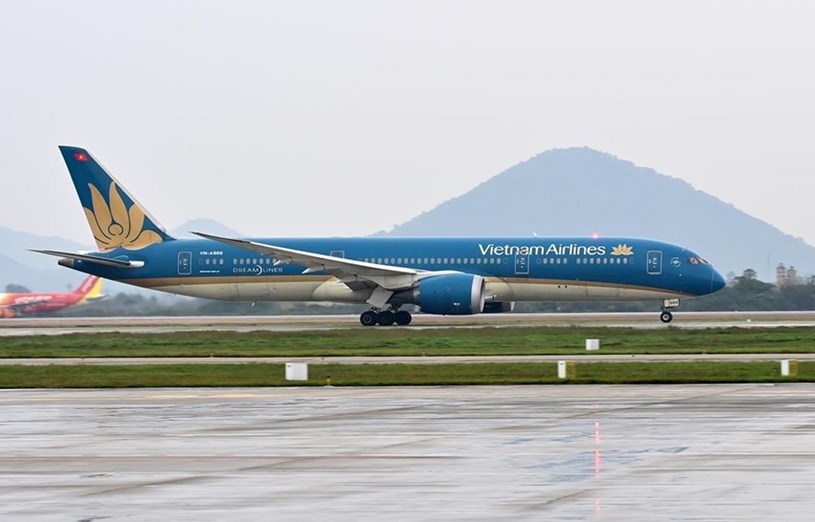 M&aacute;y bay của h&atilde;ng h&agrave;ng kh&ocirc;ng Vietnam Airlines. (Ảnh: CTV/Vietnam+)