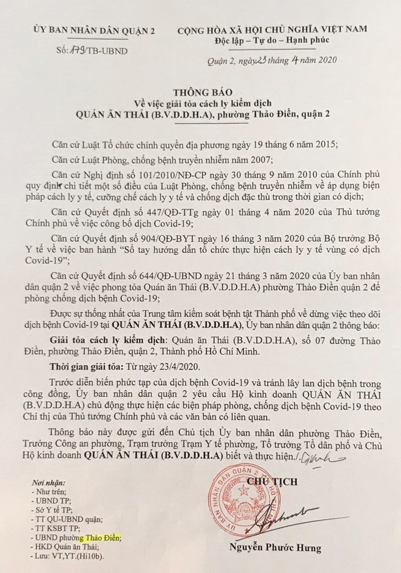 Th&ocirc;ng b&aacute;o giải tỏa c&aacute;ch ly kiểm dịch.&nbsp;