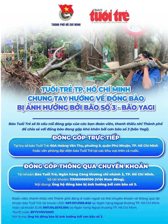 Th&ocirc;ng điệp k&ecirc;u gọi được Th&agrave;nh Đo&agrave;n TP.HCM, b&aacute;o Tuổi Trẻ gửi đến c&aacute;c cơ sở Đo&agrave;n, c&aacute;c đơn vị sự nghiệp, đo&agrave;n vi&ecirc;n, thanh thiếu nhi th&agrave;nh phố chia sẻ với đồng b&agrave;o bị ảnh hưởng bởi b&atilde;o Yagi