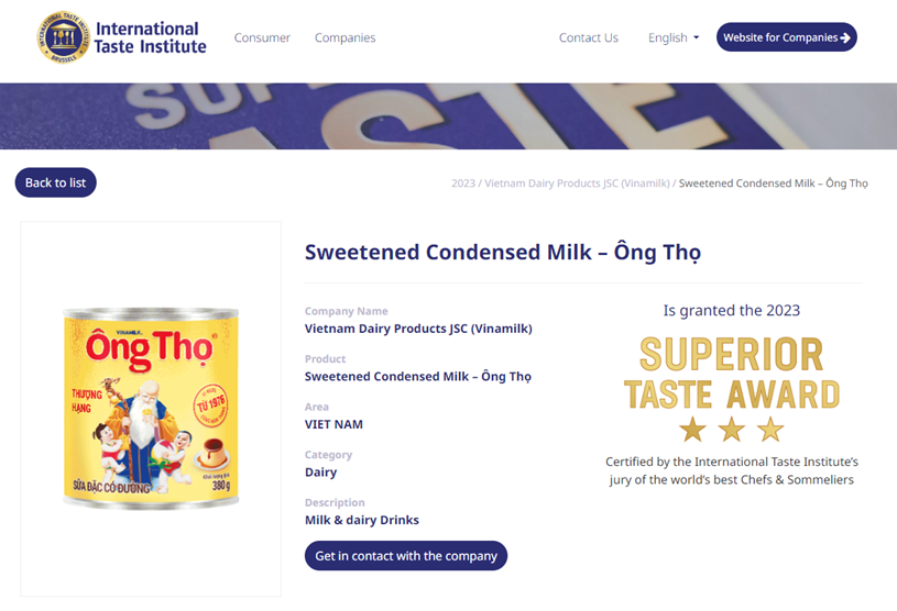 &Ocirc;ng Thọ l&agrave; một trong 2 sản phẩm sữa đầu ti&ecirc;n của Việt Nam nhận xếp hạng 3 sao &ndash; mức cao nhất của giải thưởng danh gi&aacute; Superior Taste Award.