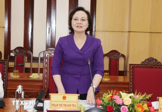 Bà Phạm Thị Thanh Trà, Ủy viên Trung ương Đảng, Bộ trưởng Bộ Nội vụ phát biểu tại buổi làm việc. (Ảnh: Phạm Cường/TTXVN)