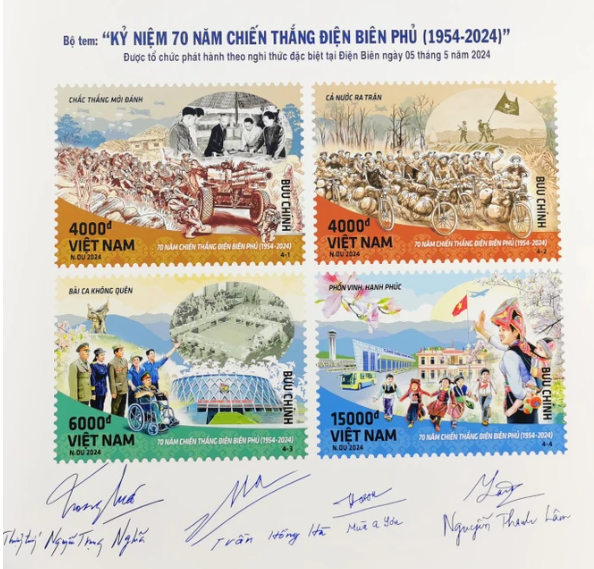 Ảnh bộ tem đặc biệt có chữ ký của các đồng chí lãnh đạo thực hiện nghi thức phát hành tại sự kiện. Ảnh: QUANG PHÚC