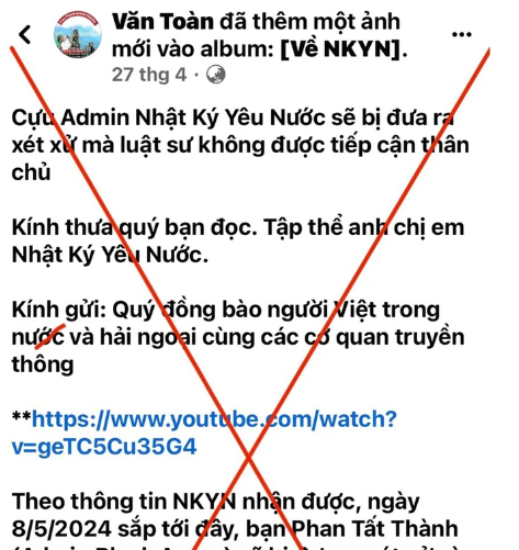 Fanpage Facebook “Văn Toàn” tiếp tục đăng bài viết sai sự thật về vụ án Phan Tất Thành