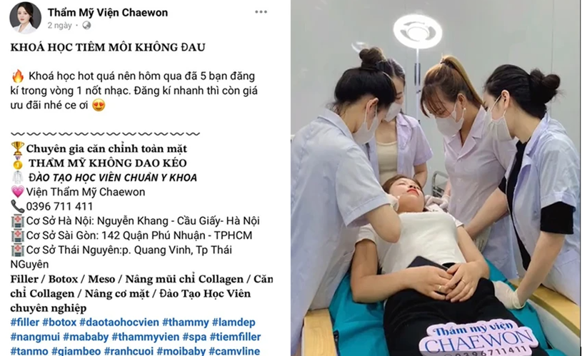 Hình ảnh, clip quảng cáo khóa đào tạo tiêm filler, botox trên trang Facebook “Viện thẩm mỹ Chaewon”. Ảnh: SYT