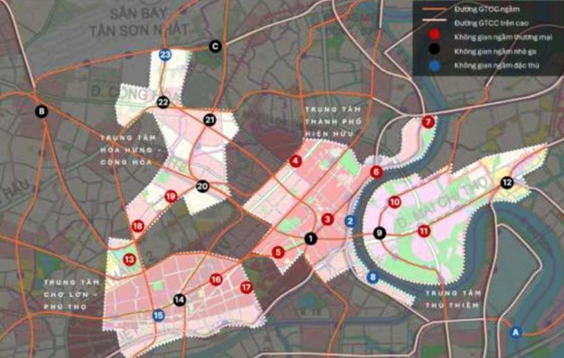 12 khu trung tâm thương mại ngầm (màu đỏ) TP.HCM có thể phát triển trong tương lại. Ảnh: Đồ án