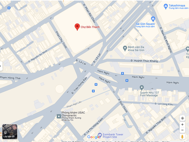 9 tuyến đường xung quanh khu vực chợ Bến Thành (quận 1, TPHCM) sẽ cấm các loại xe lưu thông trong buổi sáng ngày 29/6 và 1/7. Ảnh: Google Maps
