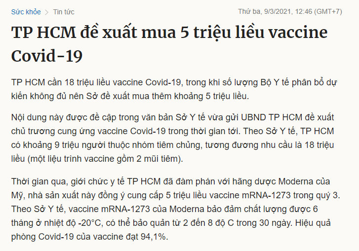 Th&ocirc;ng tin tr&ecirc;n một số trang b&aacute;o về việc&nbsp;TPHCM "muốn mua 5 triệu liều vaccine Covid - 19&rdquo;. Ảnh chụp m&agrave;n h&igrave;nh