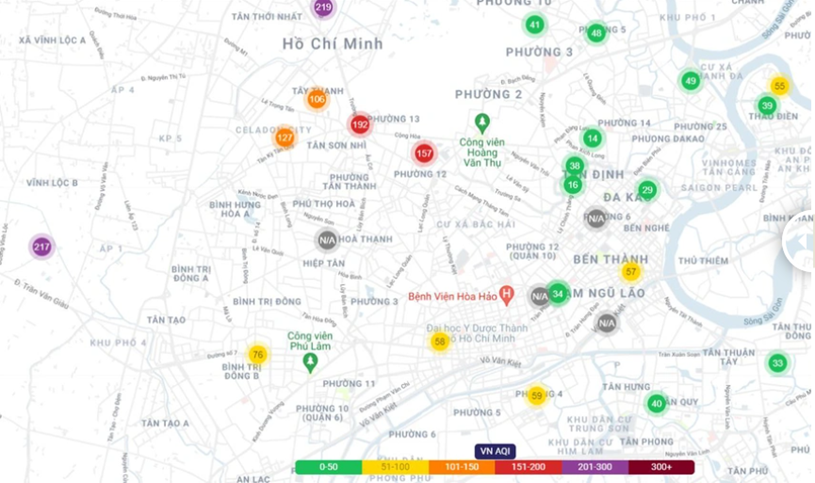 Chỉ số AQI tại TP.HCM l&uacute;c 6h theo ứng dụng PAMAir .&nbsp;Ảnh chụp m&agrave;n h&igrave;nh.