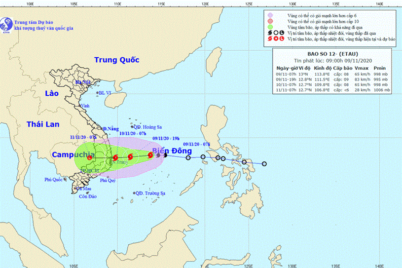 Vị tr&iacute;, hướng đi của b&atilde;o số 12. Nguồn: NCHMF