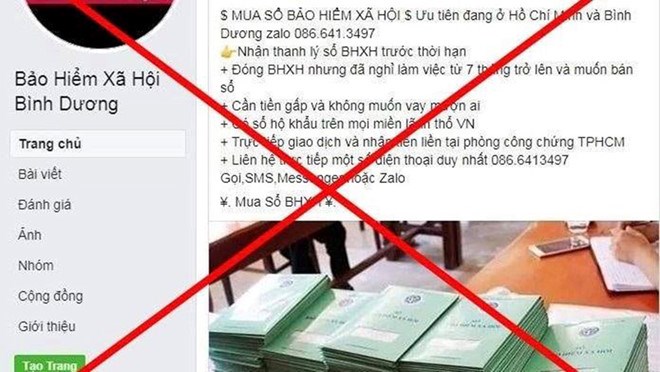 Một số đối tượng đ&atilde; lập trang Facebook mạo danh cơ quan Bảo hiểm x&atilde; hội B&igrave;nh Dương để rao mua b&aacute;n sổ BHXH