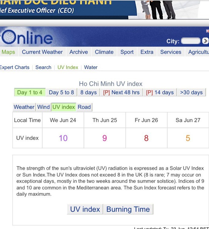 Chỉ số UV tr&ecirc;n trang Weather Online (Anh) Ảnh: Thu Hồng